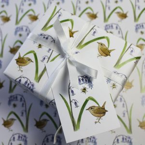 wren and bluebell gift wrap