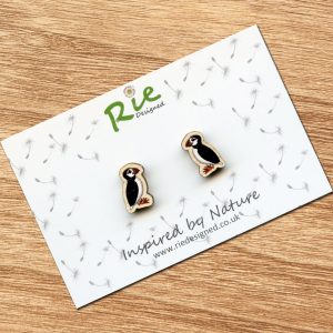 wooden puffin stud earrings
