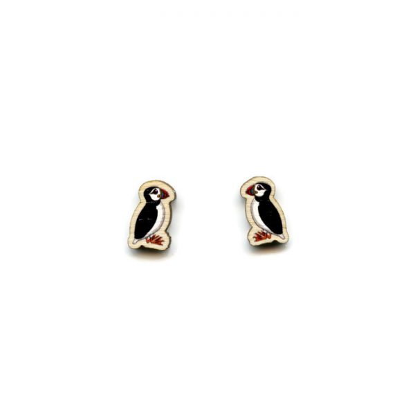 wooden puffin stud earrings