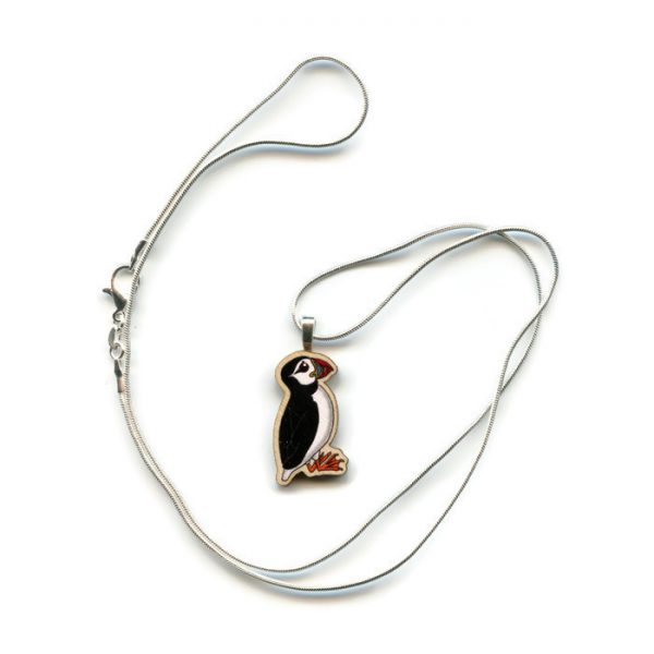 wooden puffin pendant necklace