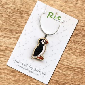 wooden puffin pendant necklace