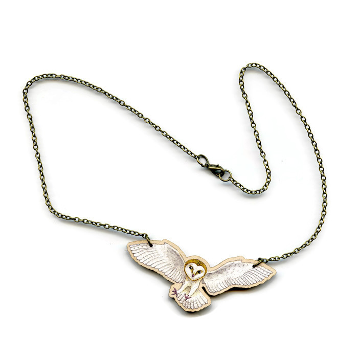 Large Wooden Flying Barn Owl Necklace