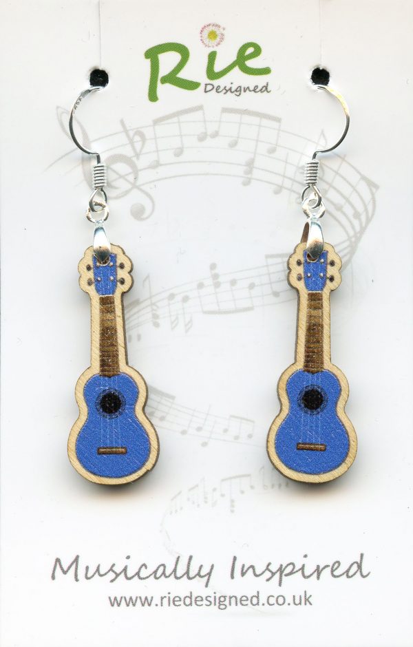 blue wood ukulele drop earrings