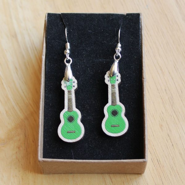 green wood ukulele drop earrings