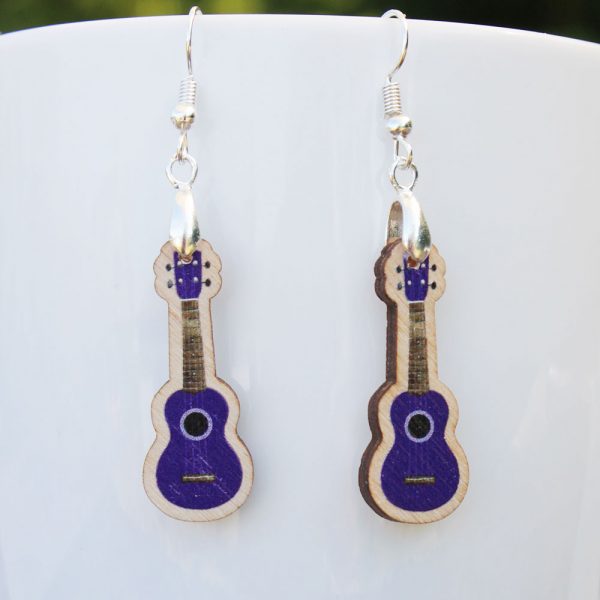 purple wooden ukulele earrings