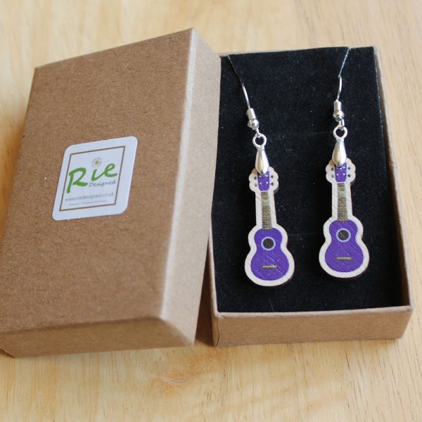 purple wooden ukulele earrings